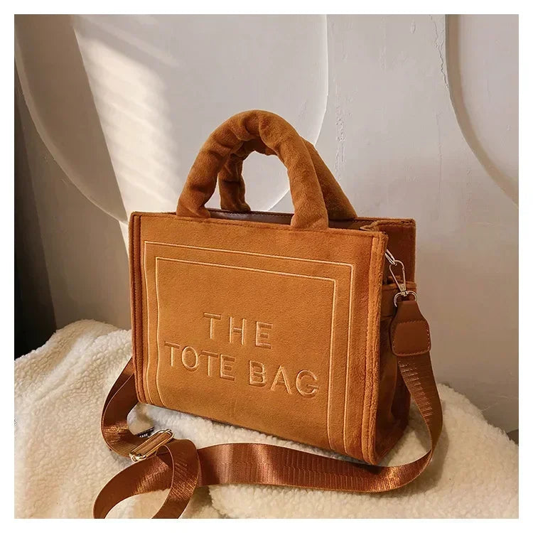 Aesthetic Velour Square Tote Bag | Elegant Letter Print Ladies Shoulder Bag | Sophisticated Felt & Velour Crossbody | Women’s Charisma Top-Handle Handbag with Interior Cell Phone Pocket Luxegan