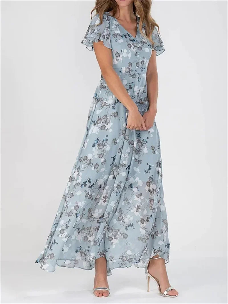 Women's Elegant Small Flower Print Dress | Sweet Style Ruffle V-Neck Pullover Gown | Summer Office Lady High Waist Dress | Premium Knit Regular Fit A-Line Floor-Length Vestido Model H8806A Luxegan