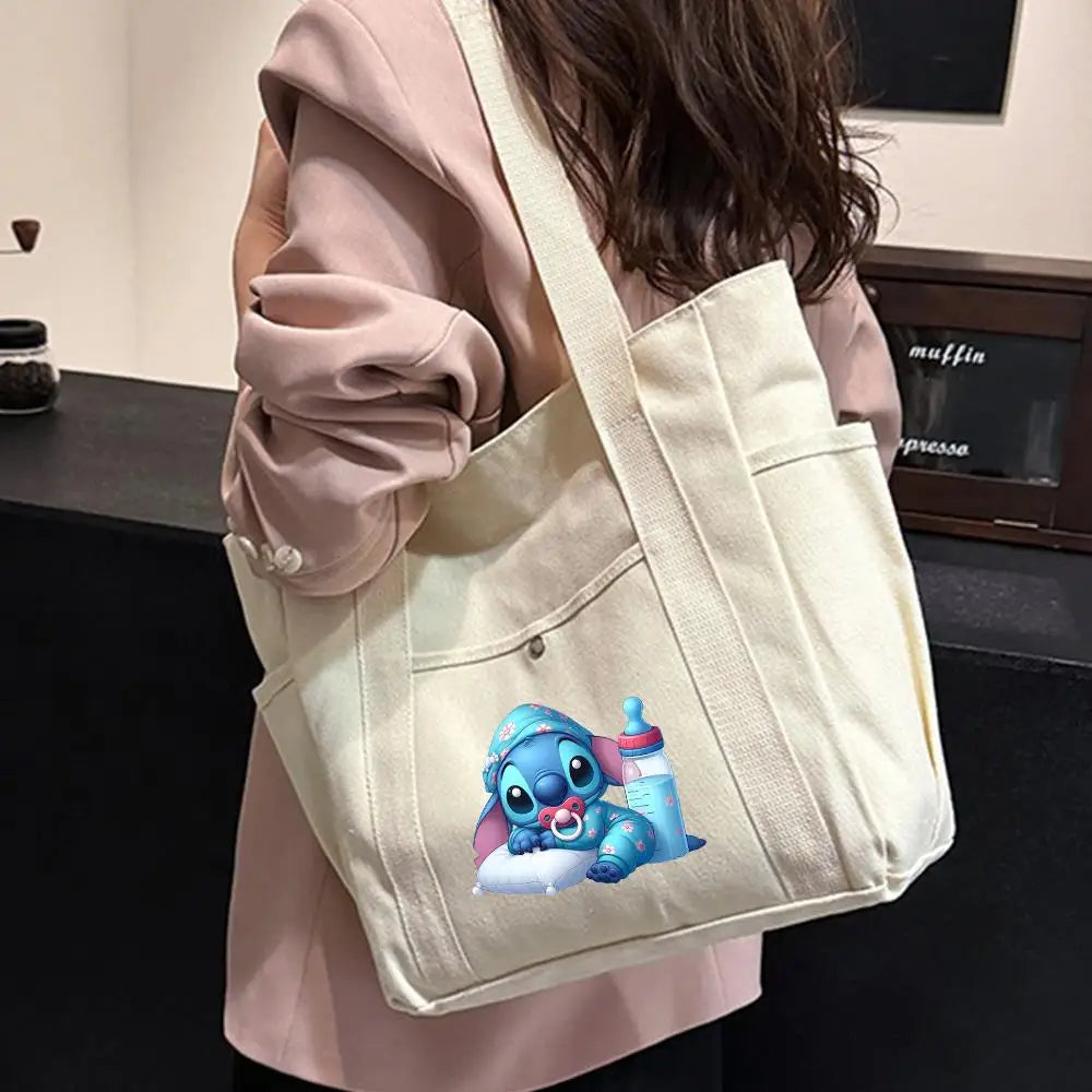 Lilo & Stitch Large Canvas Tote Bag | College Style Commuter & Student Shoulder Bag | Cartoon Shopping Handbag (Unisex) Luxegan