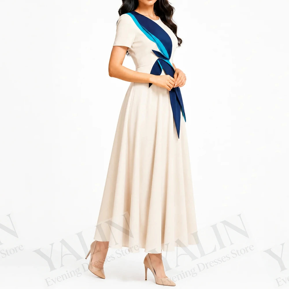 Ruched Draped A-Line Prom Dress | O-Neck Short Sleeve Tea-Length Evening Gown Luxegan