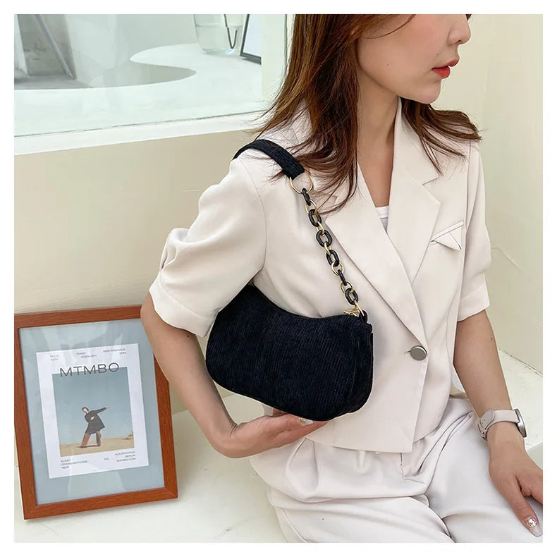 Korean Fashion Vintage Corduroy Underarm Bag | Women's Summer Soft Zipper Shoulder Small Bag | Casual Clutch Handbag Luxegan