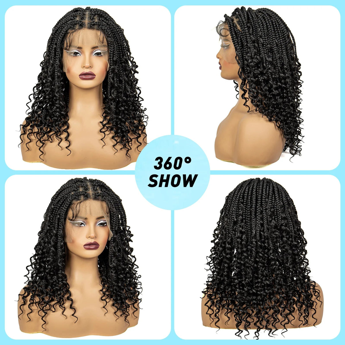Full Lace Braided Lace Wigs Synthetic Knotless Box Braided Lace Wig with Curly Ends for Black Women Kinky Curly Braided Bob Wig Luxegan