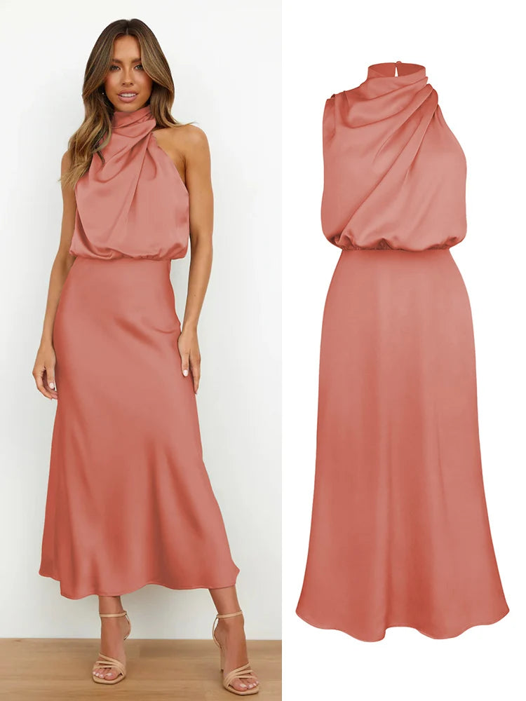 Women's Summer High-End Silk Satin Long Dress | Elegant Celebrity Evening Gown | Luxury Scarf Collar Sleeveless Party Dress | Premium Knit Asymmetrical Slip Maxi Robe Luxegan