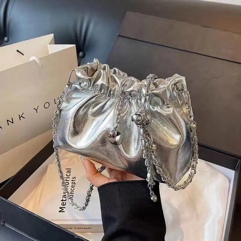 Summer Silver Folded Chain Bucket Bag | Women's Crossbody & Shoulder Bag Luxegan