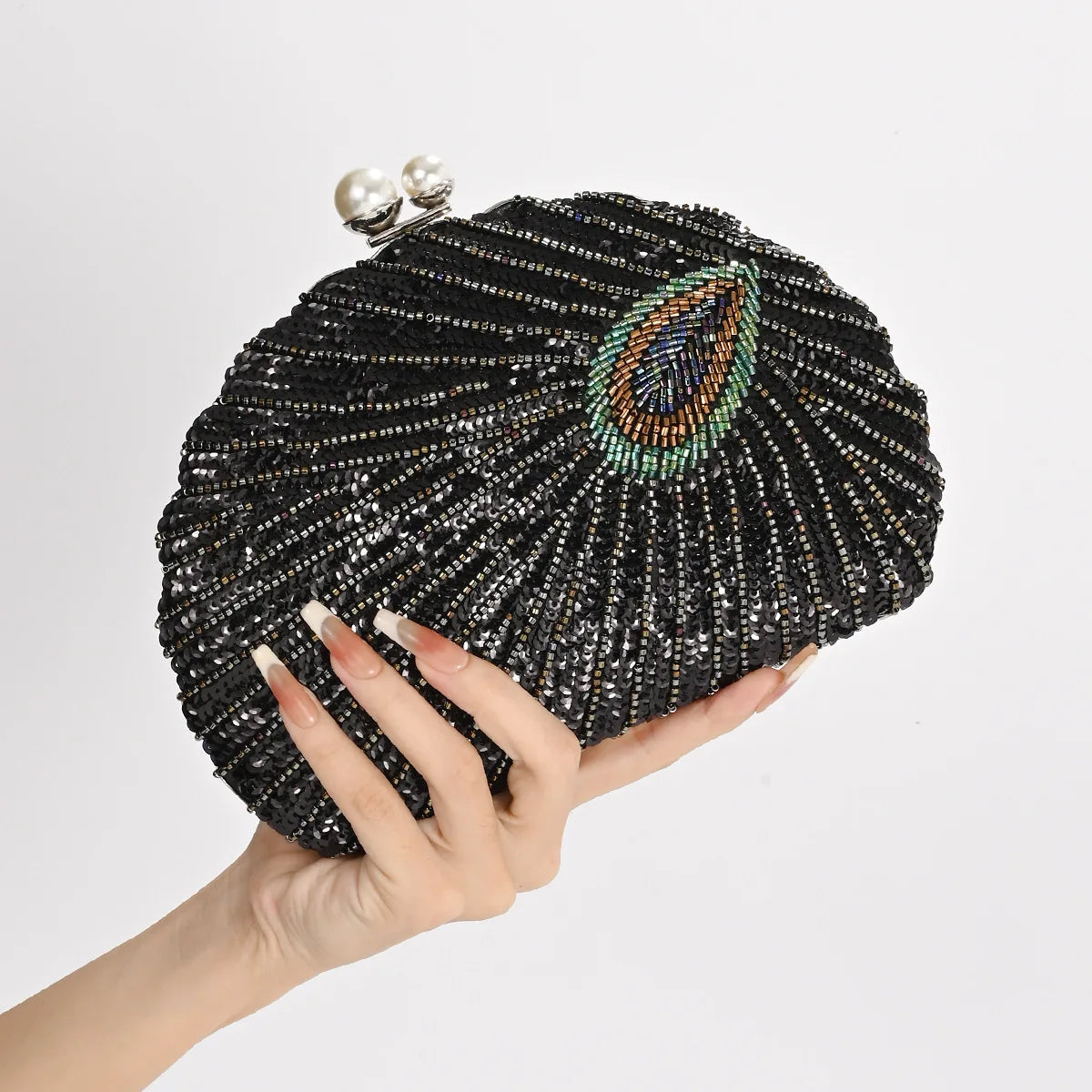 Retro Embroidery Sequin Shell Clutch | Sophisticated "Bowling Shape" Silhouette | Luxury Designer Evening Handbag | "Dignified" High-Performance Polyester Essential for Radiant Versatile Styling Luxegan