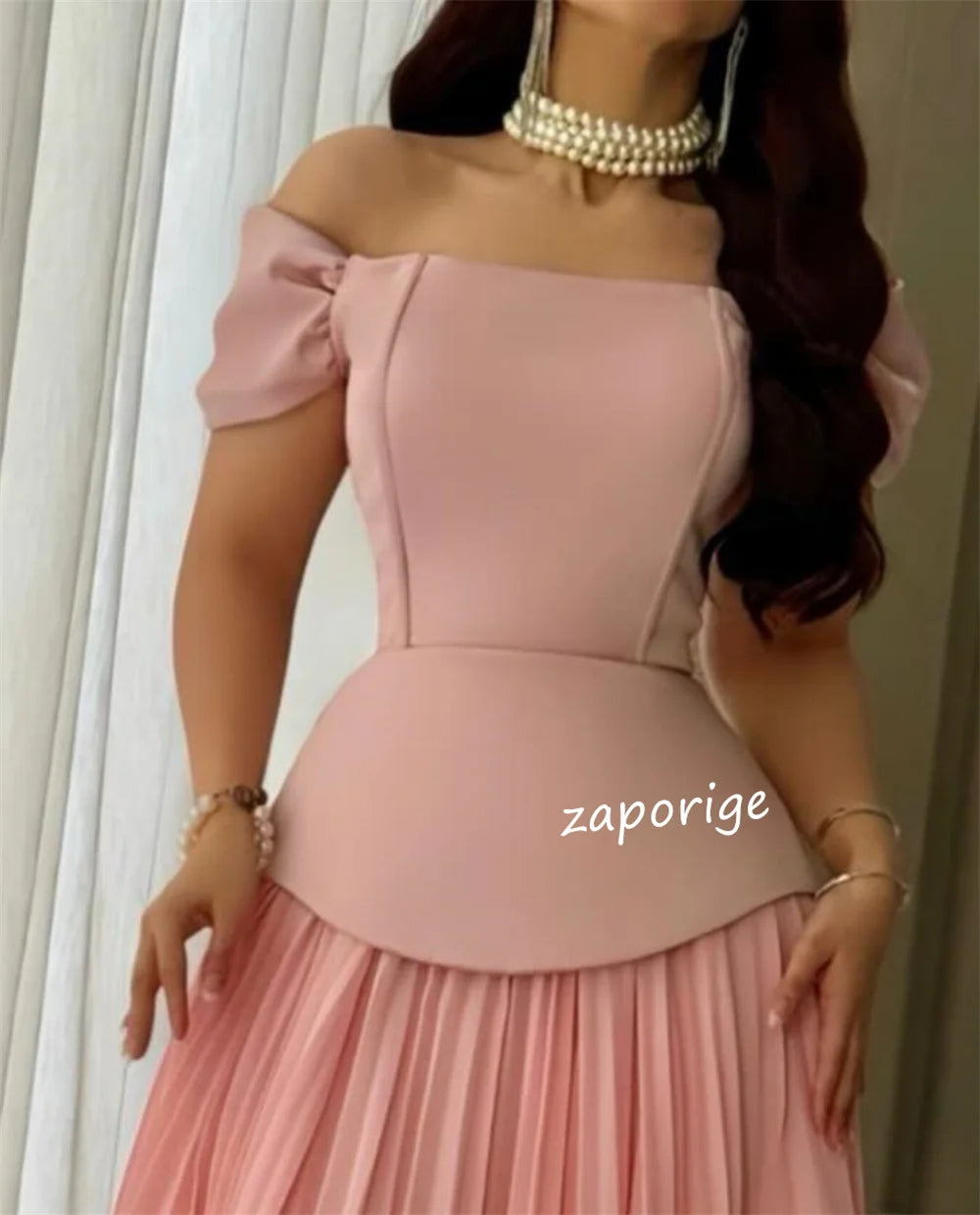 Pleated O-Neck Off-the-Shoulder Short Sleeve A-Line Floor-Length Occasion Dress – Polyester Jersey, Built-In Bra, Natural Waist Luxegan