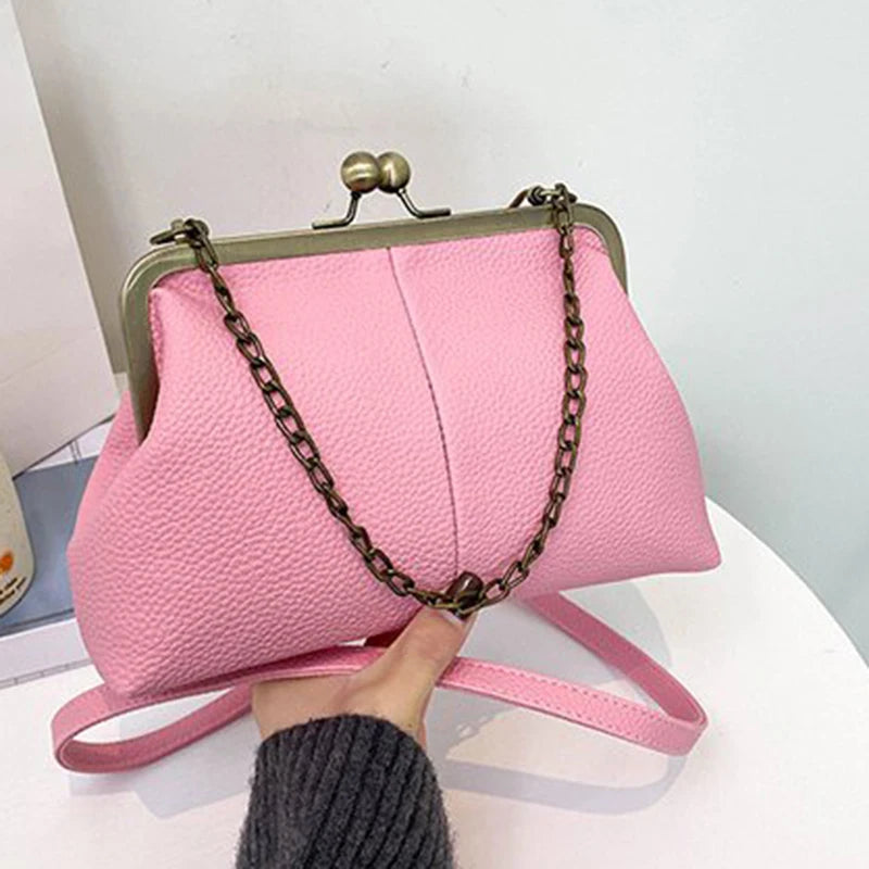 Vintage PU Shell Bag | Lychee Pattern Clip Chain Shoulder & Crossbody Luxegan