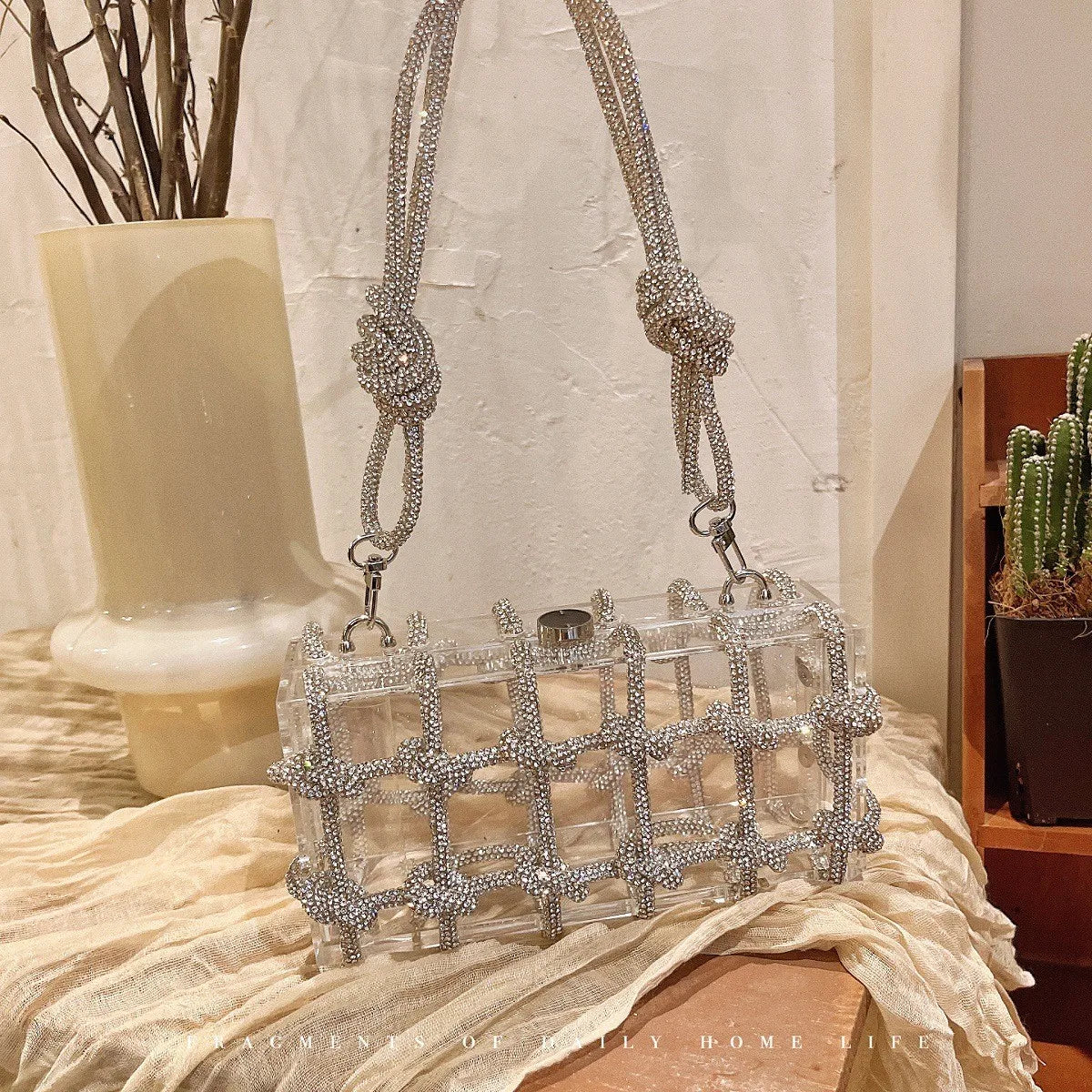 Diamond Clear Acrylic Box Evening Bag | Boutique Woven Knotted Rhinestone Purse | Luxury Party Clutch with Crystal Rope Handle & Metal Chain (Model 1201000988) Luxegan