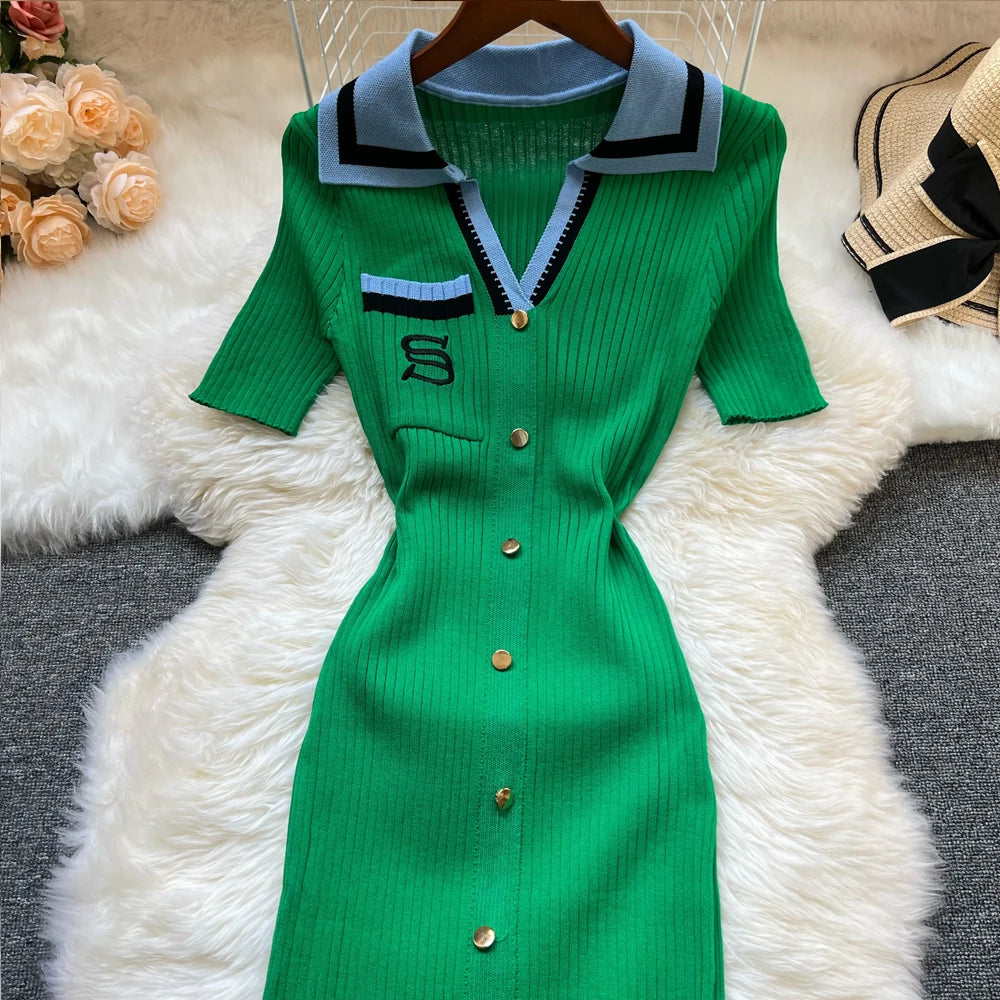 Brand Fashion Summer Knitted Bodycon Dress | Y2K Embroidered Long Sweater Dress | Short-Sleeve Turn-Down Collar Slim Streetwear Midi Luxegan