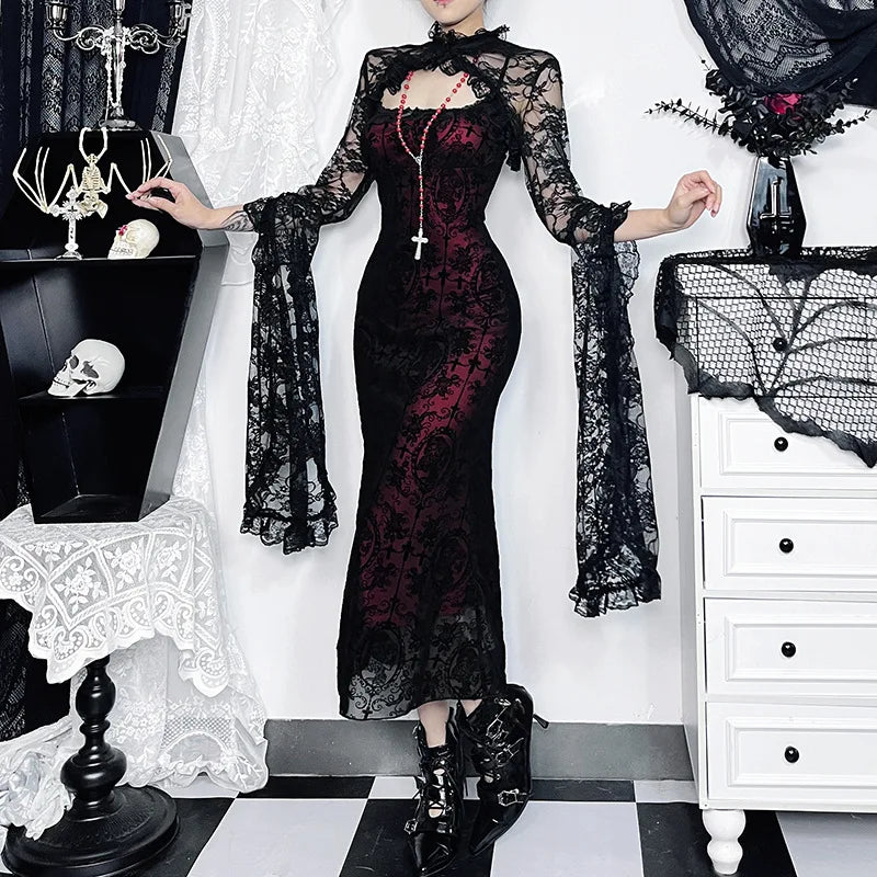 Gothic Sexy Long Fishtail Dress for Women | Vintage Spaghetti Strap Backless Maxi Dress | Premium Ruched Medium-Stretch Slim Fit Vestidos | Elegant Slash Neck Knit Lace Trim Gothic Robe Luxegan
