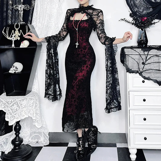 Gothic Sexy Long Fishtail Dress for Women | Vintage Spaghetti Strap Backless Maxi Dress | Premium Ruched Medium-Stretch Slim Fit Vestidos | Elegant Slash Neck Knit Lace Trim Gothic Robe Luxegan