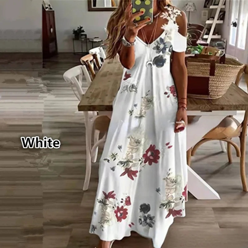 Floral V-Neck Spaghetti Strap Lace Detail Regular Fit A-Line Ankle-Length Dress – Brocade, Medium Stretch, Summer Luxegan