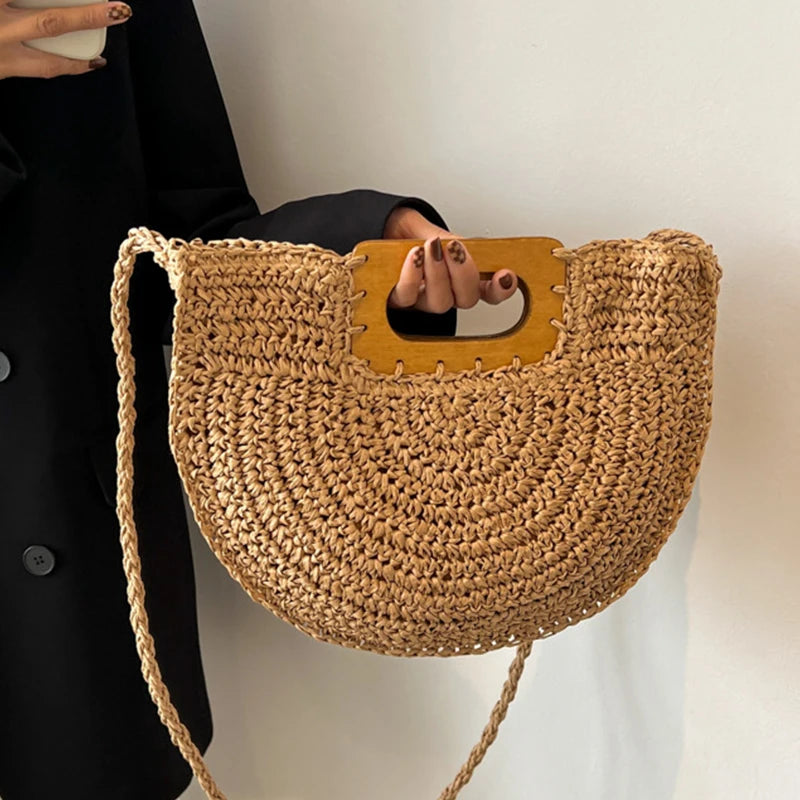 Minimalist Bohemian Half-Moon Straw Tote | Soft Rattan Beach Handbag Luxegan