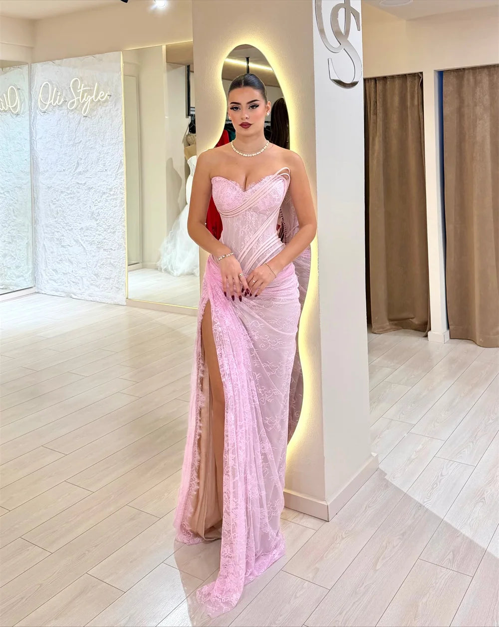 Cathy Customized Pink Floral Lace Mermaid Prom Dress Side High Slit Sleeveless vestidos de noiva Floor-length Evening Dresses