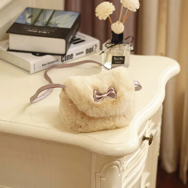 Children's Winter Plush Faux Fur Shoulder Bag | Princess Girl’s Soft Messenger Bag | Kids' Fashion Animal Print Handbag | Cozy Cotton-Lined Mini Backpack & Coin Purse Luxegan