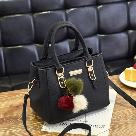 Women's Vintage Solid Color PU Leather Bucket Bag | Fashion Top Handle Shoulder Crossbody Handbag with Hairball Ornaments Luxegan