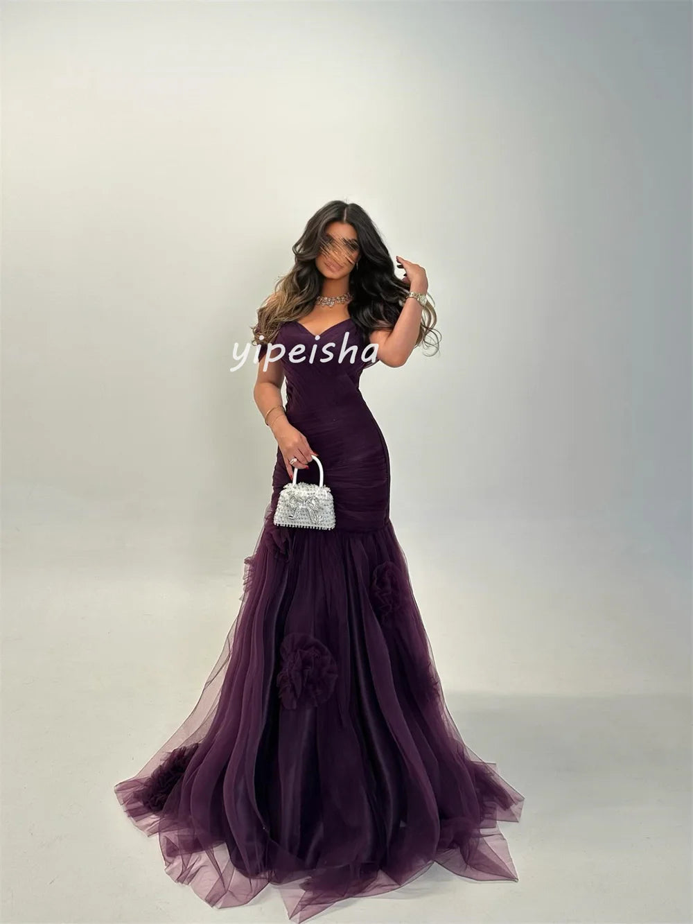 Handmade Flower Tulle A-Line Off-Shoulder Gown | Bespoke Formal Evening Dress Luxegan