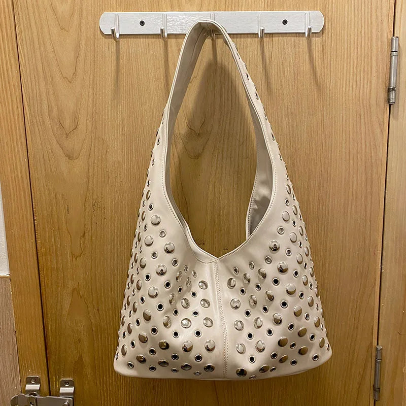 Women's Cool Large Capacity Casual Bucket Tote Bag | Premium Microfiber Synthetic Leather Underarm Shoulder Bag | High-Quality Rivet Appliques Female Handbag Model 54564655 Luxegan