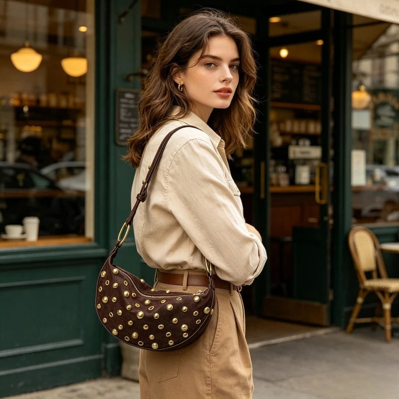Women's Trendy Punk Style Rivet Crescent Bag | Premium Faux Suede Crossbody Handbag | New Arrival Luxury Half-Moon Shoulder Purse | Soft Gothic Hobo Bag with Polyester Lining Luxegan