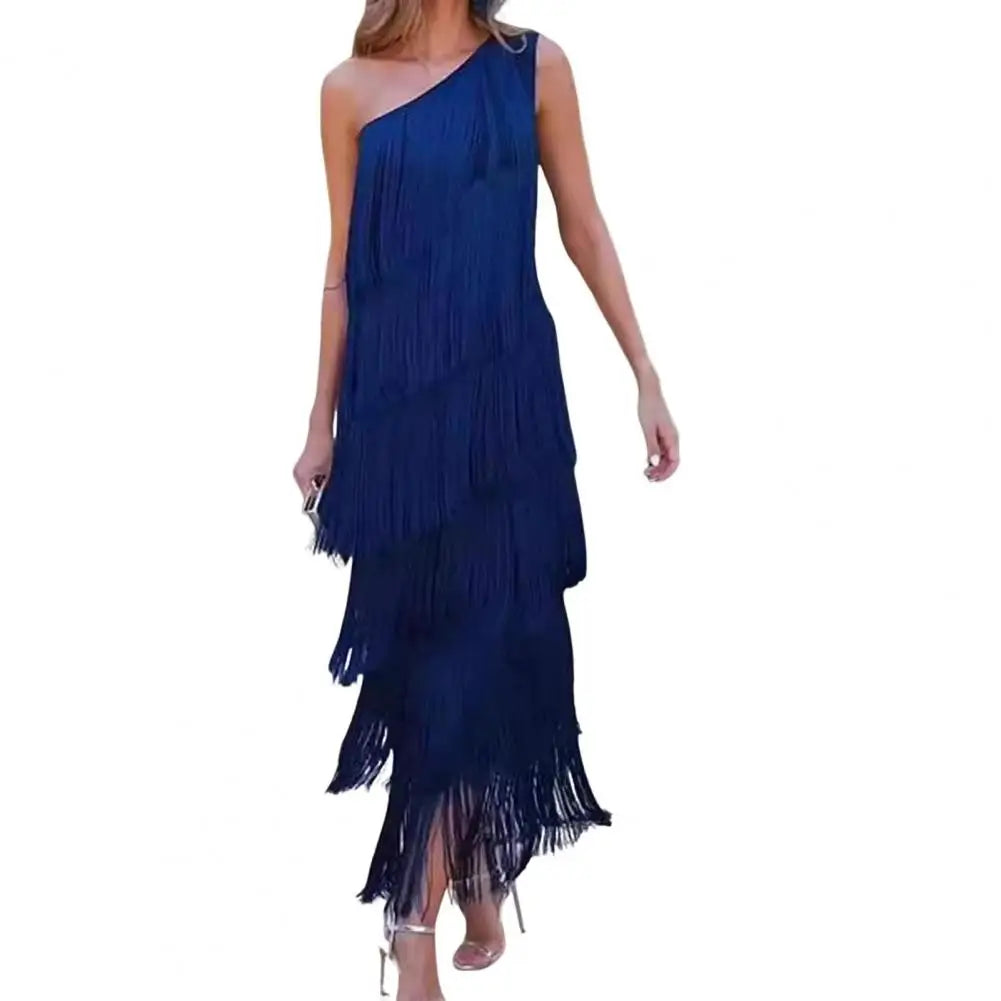 Women's One-Shoulder Layered Fringed Tassel Evening Dress | Elegant Asymmetric Cocktail Party Maxi Dress | Loose Fit Sleeveless Prom Dance Gown | Premium Tatting Slight Stretch Ankle-Length Luxegan
