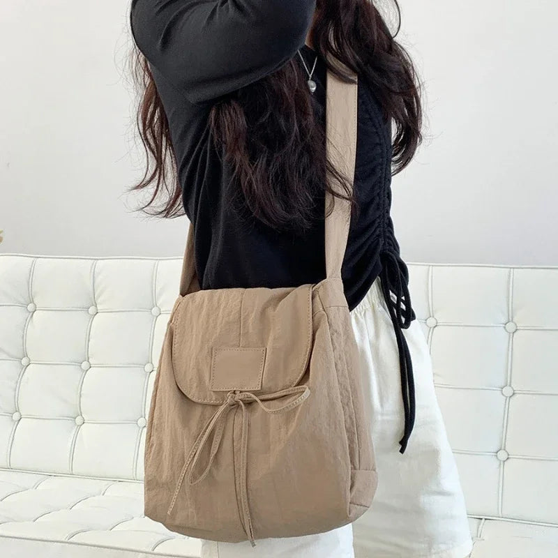 Vintage Flap Nylon Bow Crossbody Bag | Large Autumn Commuter Shoulder Bag & Simple Messenger Bag Luxegan