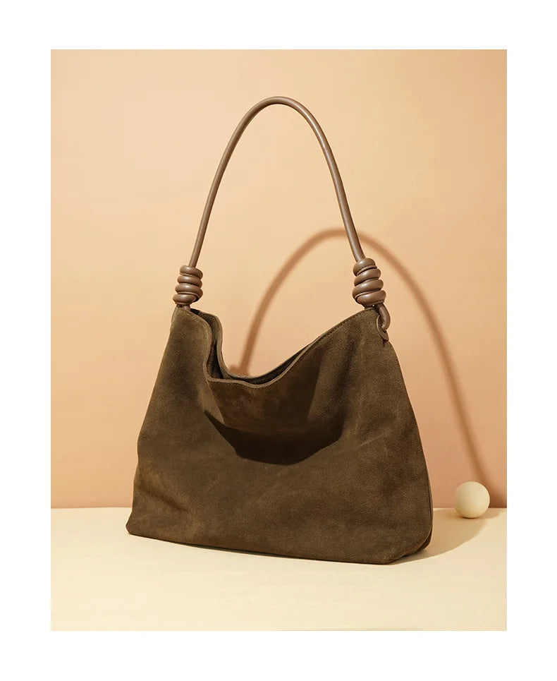 All-Match Chamois Matte Suede Cowhide Leather Tote | Large Capacity Designer Maillard Dressing Coffee Winter Ladies Handbag Luxegan