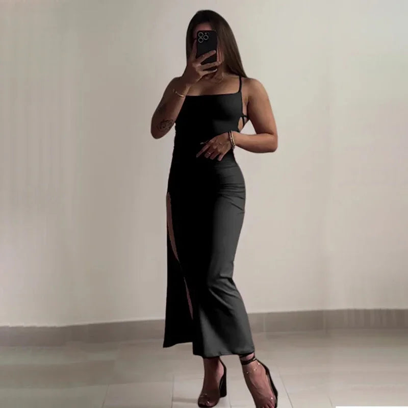 Women's Summer High-Sensibility Halter Dress | Spice Girl Backless Bag Hip Bodycon Dress | Elegant Slash Neck Sleeveless Clubwear | Premium Knit Slight Stretch Slim Fit Straight Maxi Vestido Luxegan