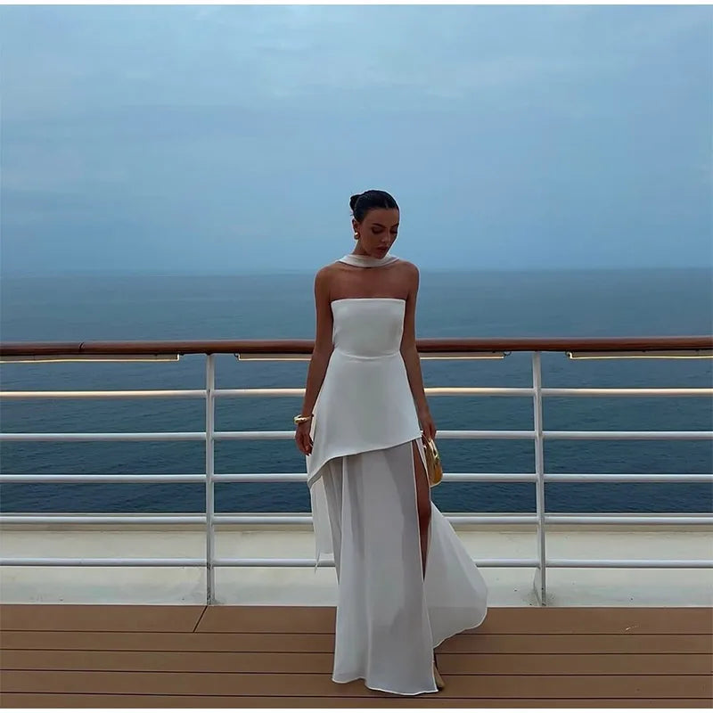 Elegant White Mesh Splicing Slim Women Strapless Dress Chic Scarf Neck Off Shoulder High Waist Long Dresses Lady Party Robes