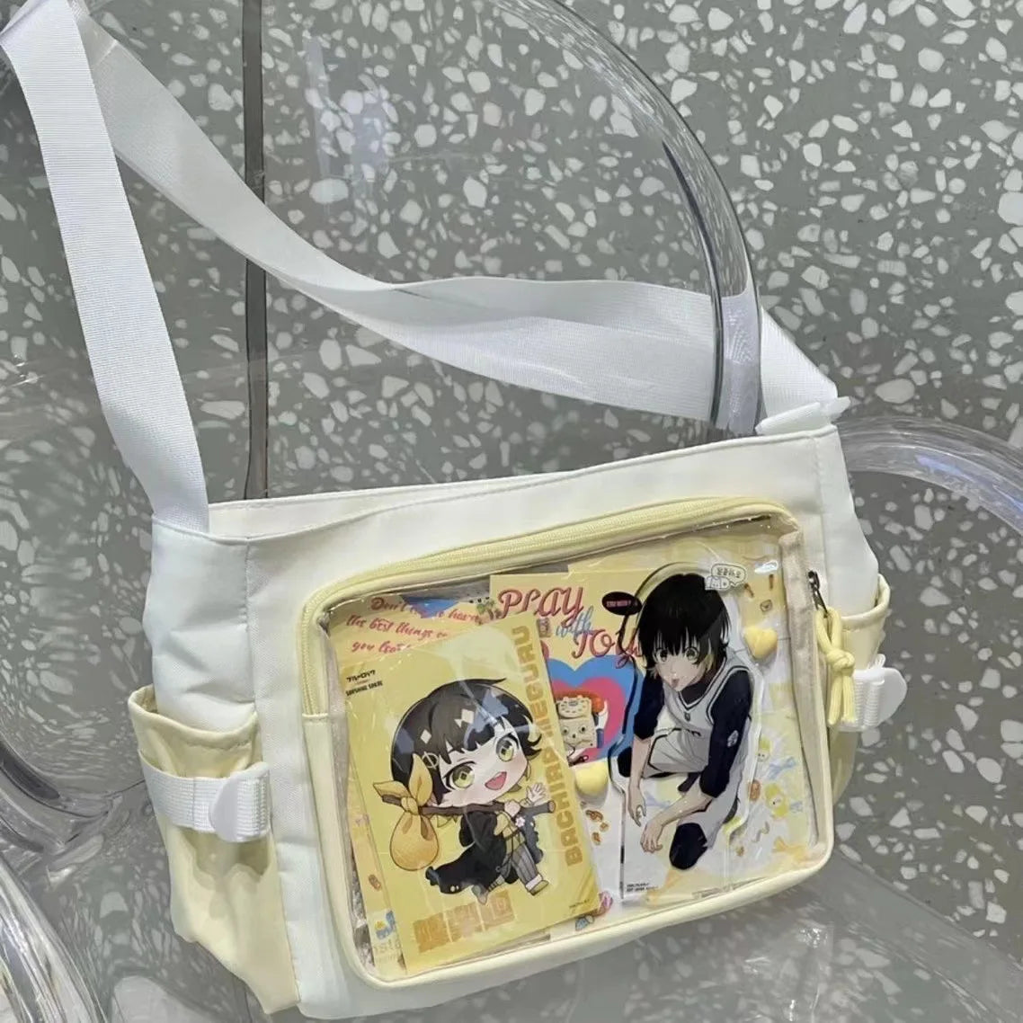New Japan Style Transparent Display Shoulder Bag | Anime Expo DIY Decoration Crossbody | Casual Nylon Ita Bag Tote | Versatile Women's Postcard Display Messenger Bag Luxegan
