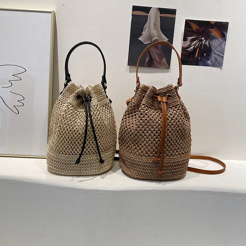 Simple Straw Bucket Bag for Women | Woven Handmade Shoulder Bag & Drawstring Crossbody Bag (Rattan Beach Bag for Girls & Travel Purse) Luxegan
