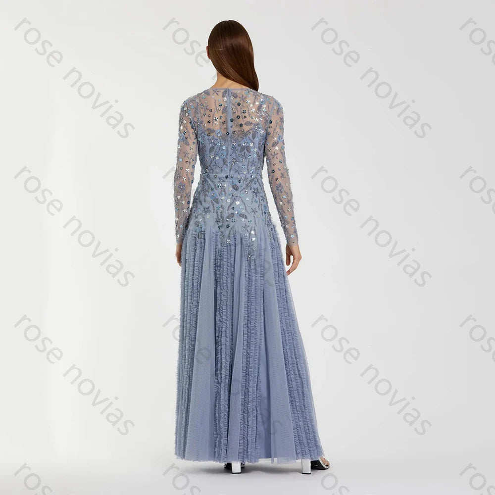 Women's High-Quality Gray Evening Dress | Elegant Scoop Neck Beaded Tulle Gown | Classic Floor-Length Formal Party Dress | Premium Tatting Full Sleeve A-Line Robe with Built-in Bra Luxegan