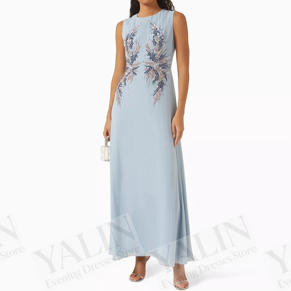 Sequined Stole A-Line Prom Dress | O-Neck Sleeveless Ankle-Length Evening Gown Luxegan