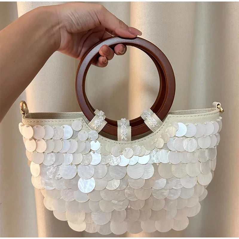 Fashion High-End Shell Bag | Niche Design Pearl Inlay Half-Moon Bag & Handmade Shell Beaded Handbag (New Versatile Crossbody) Luxegan