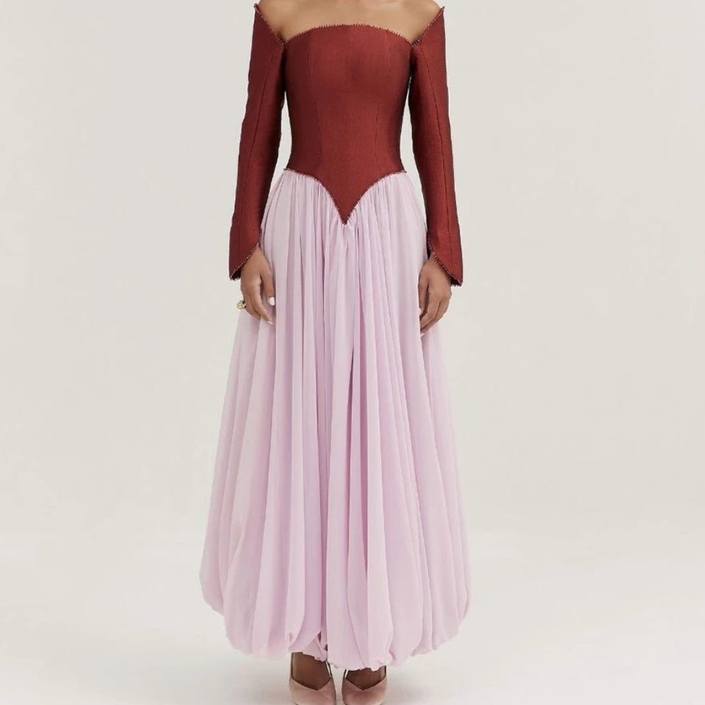 Sequined Draped A-Line Prom Dress | Off-Shoulder Full Sleeve Ankle-Length Gown Luxegan