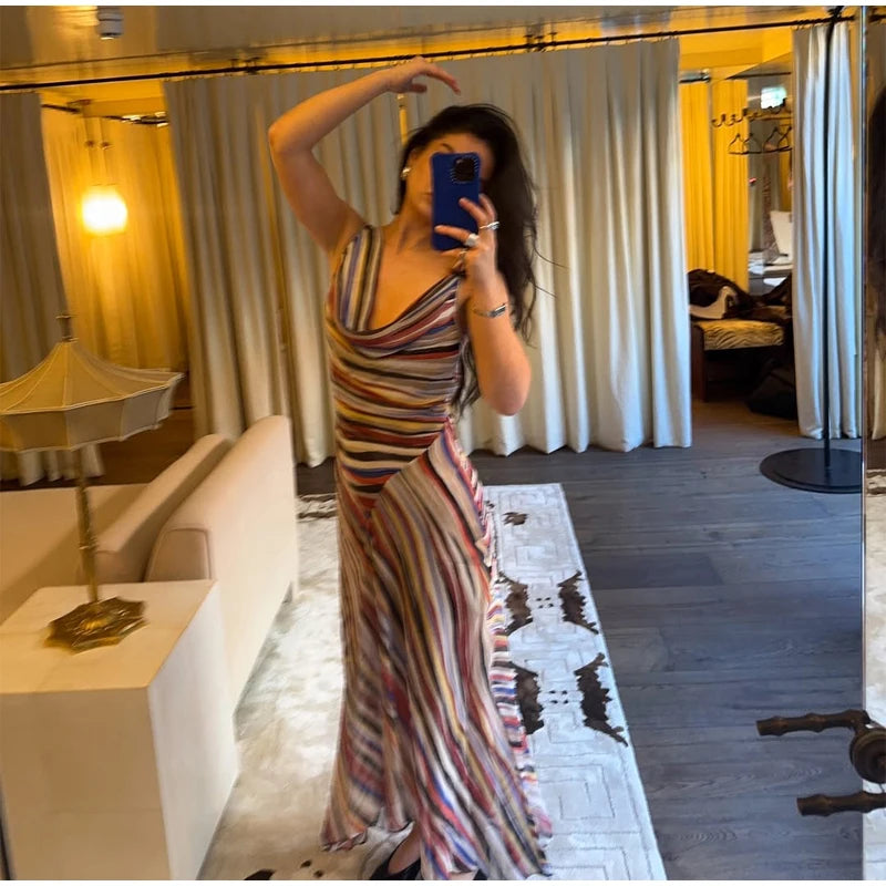2026 Women Colorful Wavy Striped Maxi Dress Chic Swinging Collar Sleeveless Slim Waist Holiday Dresses Summer Lady Vacation Robe
