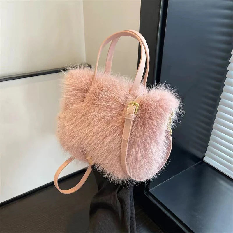 Faux Fur Tote Bag Women's | Bucket Plush Luxury Design Ladies Handbags & Soft Winter Crossbody Shoulder Bags (Bolsa Feminina) Luxegan