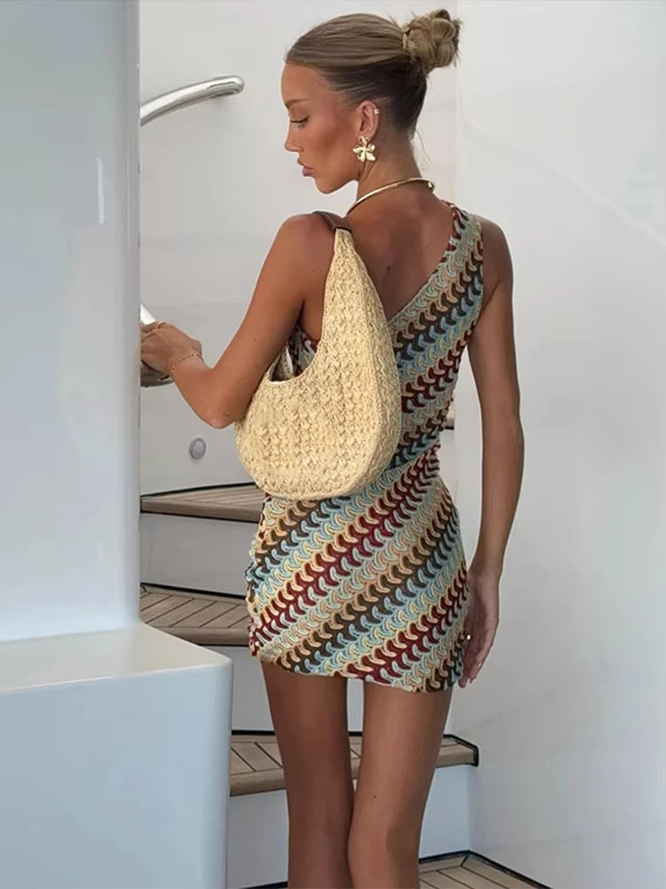Striped One-Shoulder Backless Mini Dress – Asymmetric, Slim A-Line, Summer Luxegan