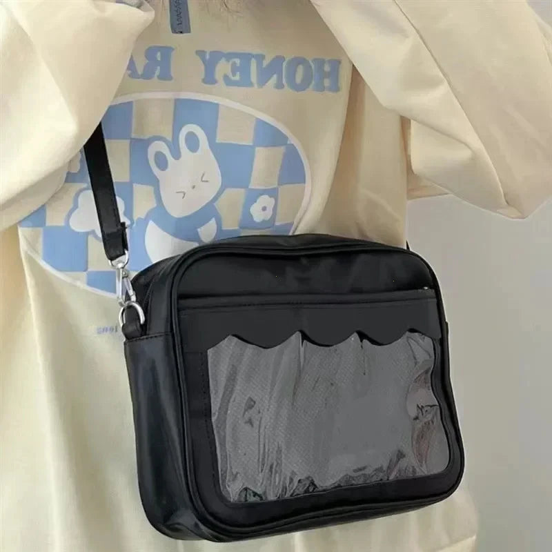 Women's PU Transparent Pocket Ita Bag | High School Girls JK Uniform Crossbody Shoulder Handbag (Fashion Satchel) Luxegan