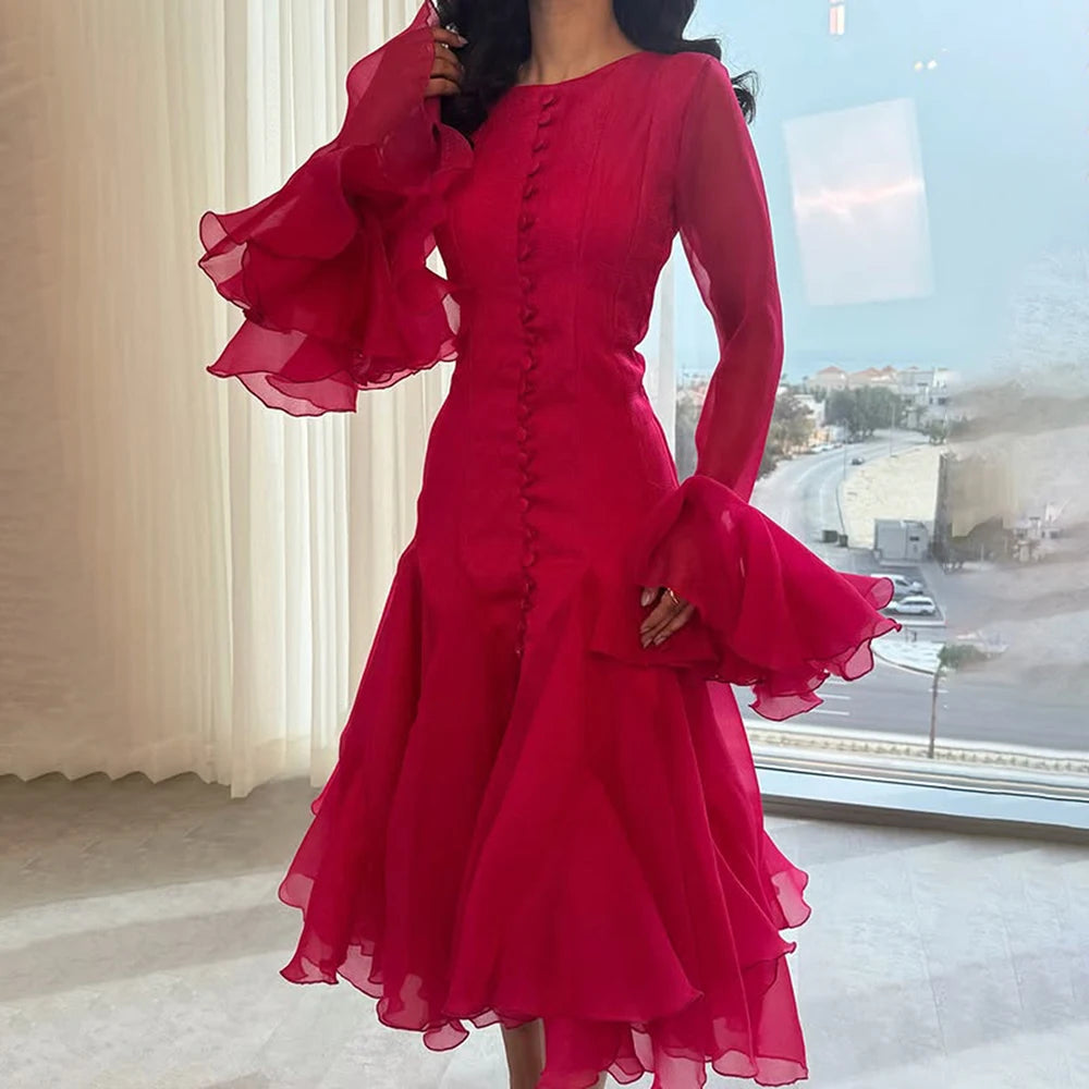 Patchwork Ruffle Butterfly Sleeve Midi Dress | Round Neck Irregular Hem High Waist Elegant Dress Luxegan