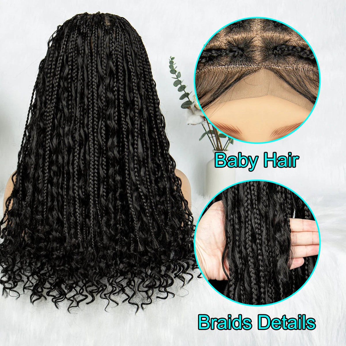 KIMA Boho Braided Wigs 20Inch Transparent Full Lace Wig Synthetic Box Braids Goddess Braided Wigs with Baby Hair for Black Women Luxegan