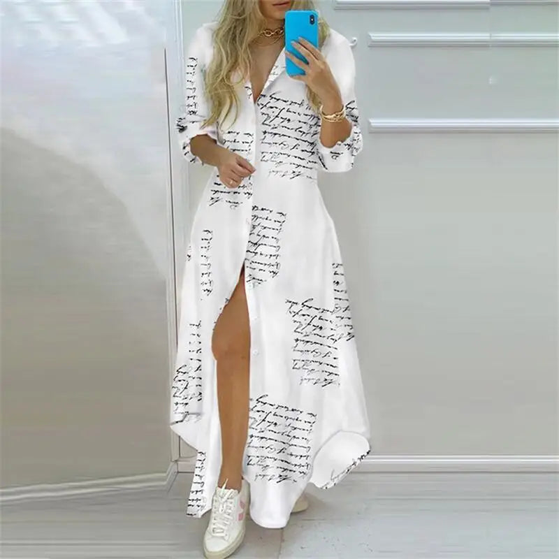 Women's Elegant Bohemian Printed Maxi Shirt Dress | Casual Turn-Down Collar Long Sleeve Gown | Single-Breasted Split Shirt Dress | Loose Fit Ankle-Length Fall Winter Vestido Luxegan