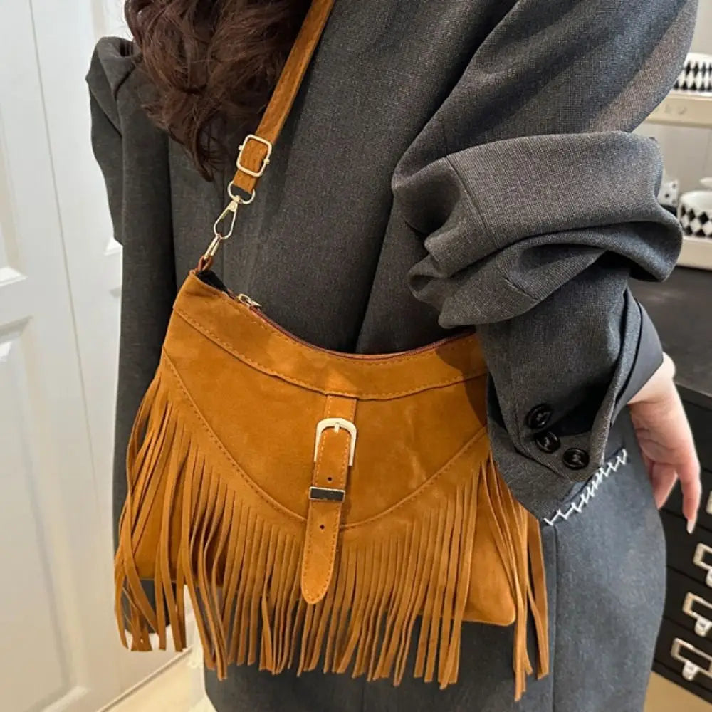 Casual Korean Tassel Shoulder Bag | Solid Color Suede & PU Leather Underarm Pack | Ethnic Bohemian Style Travel Handbag (Women) Luxegan