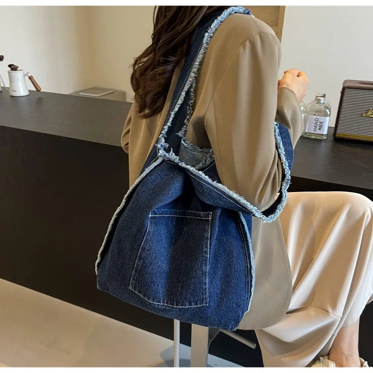 Custom Logo Printing Denim Tote Bag | High-Quality Student Style Leisure Handbag | Unisex Cartoon Pattern Canvas-Lined Crossbody Bag (Model 3138) Luxegan