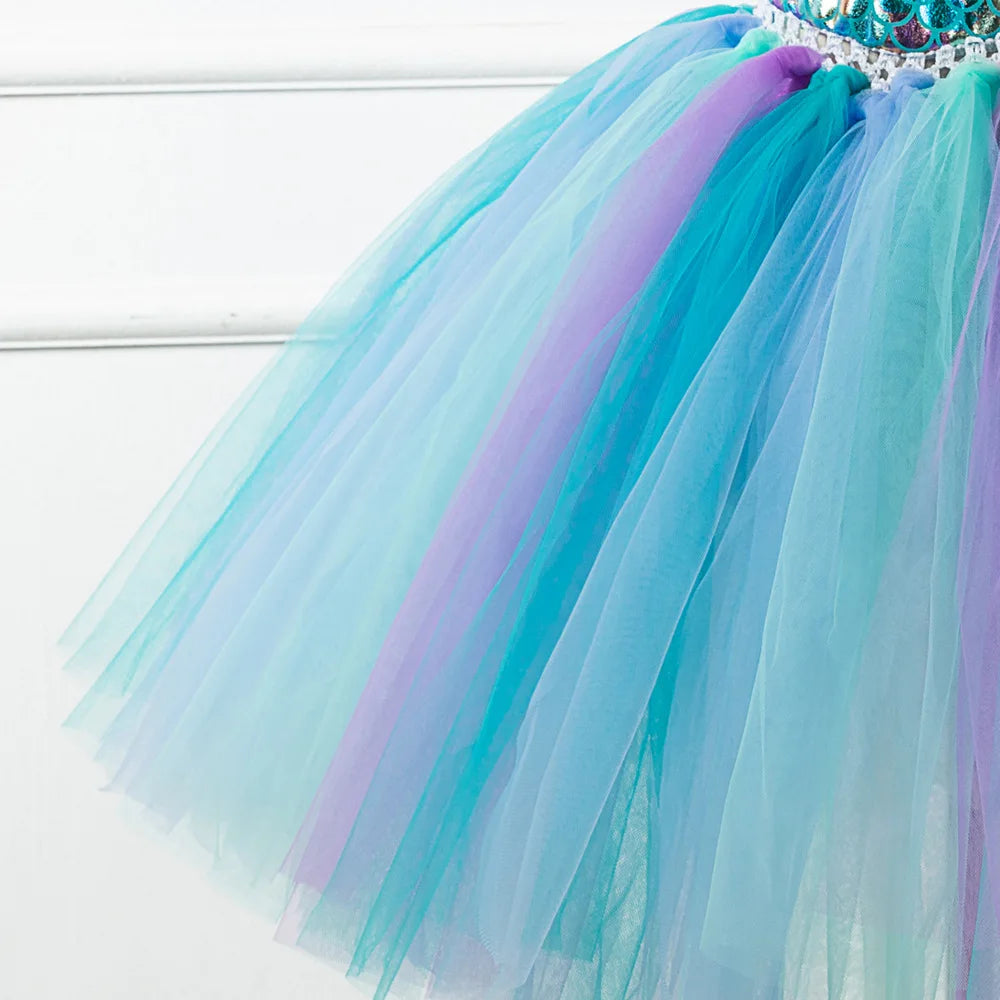 Kids Girls Cosplay Party Dress Princess Dress Up Mermaid Tulle Tutu Dresses Theme Birthday Party Costume with Flower Headband
