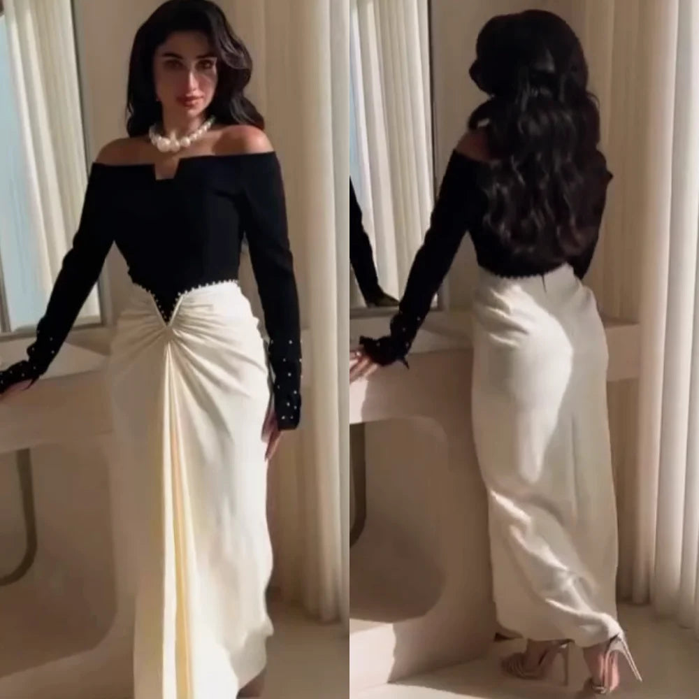 Pearl Beaded Pleated Off-the-Shoulder Full-Length Sleeve A-Line Ankle-Length Wedding Party Dress – Polyester Jersey, Built-In Bra, Natural Waist Luxegan