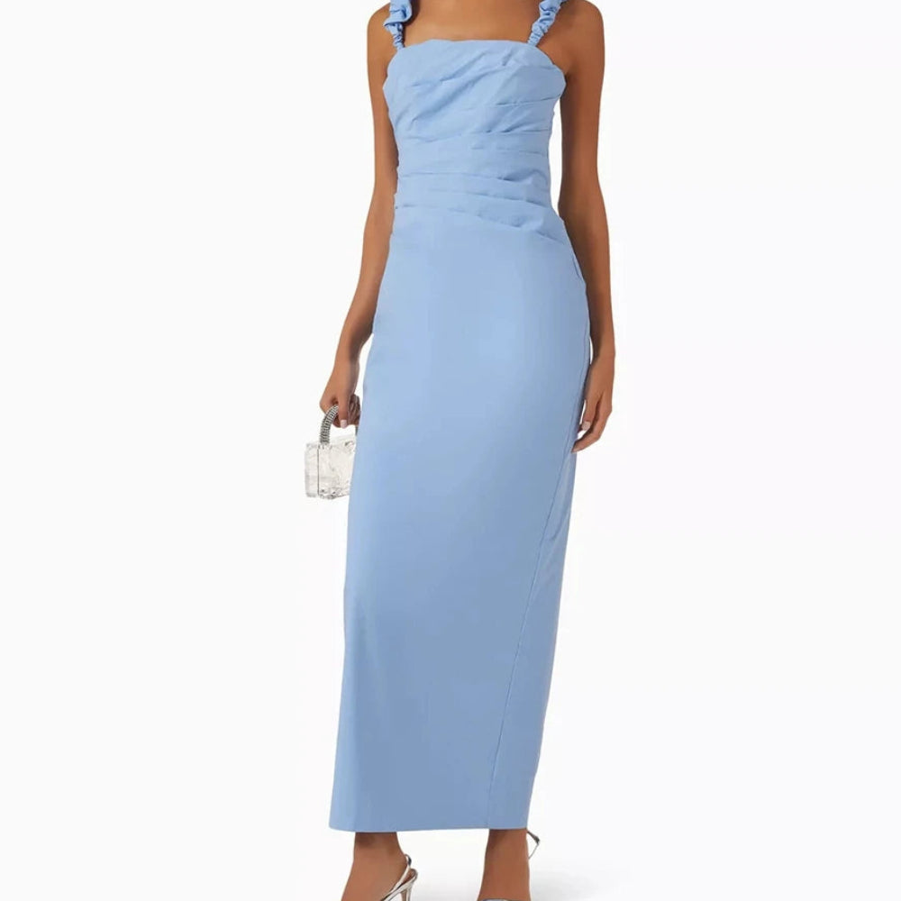 Pleat Backless Straight Evening Dress | Off-Shoulder Sleeveless Ankle-Length Gown Luxegan