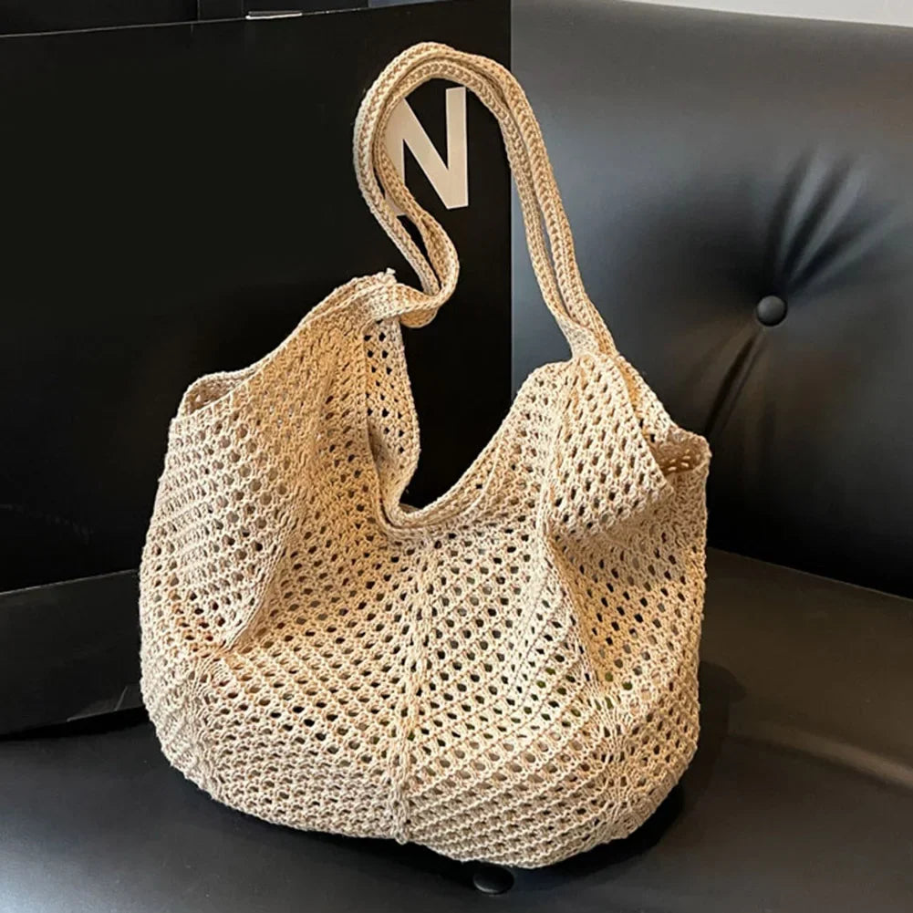 Fashionable Women’s Open-Weave Shoulder Bag | Large Capacity Knitted Underarm Bag | Minimalist Crochet Handbag | Summer Mesh Beach Bag for Vacation & Leisure Luxegan