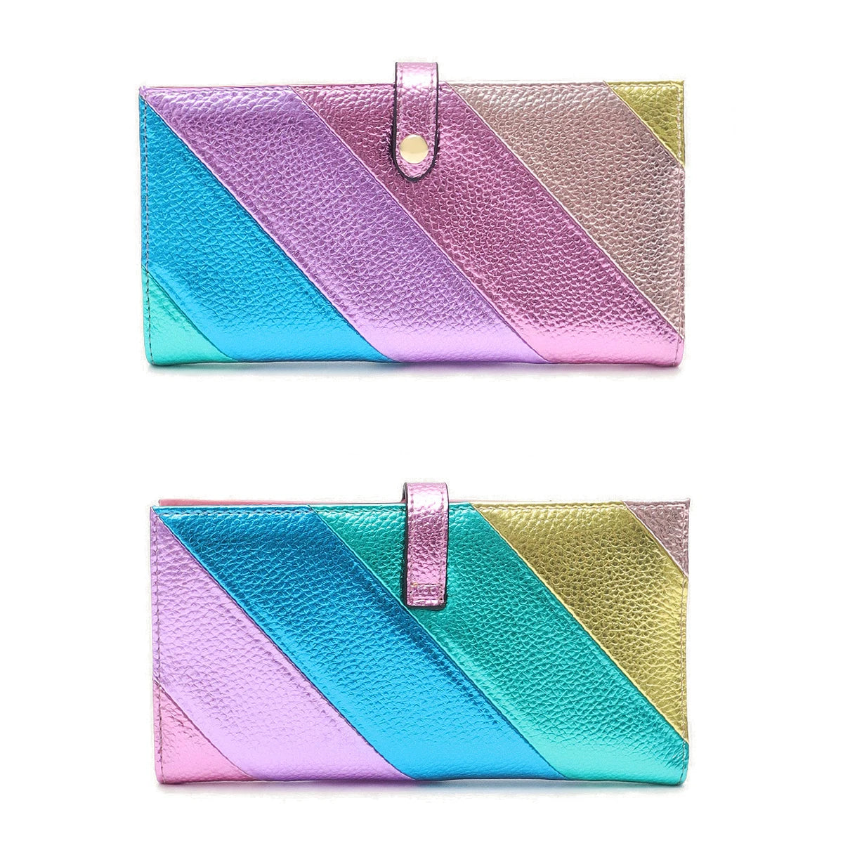 Women’s Fashion Metallic Vegan Leather Wallet | Multicolor Stripe Patchwork Long Purse | Bifold Standard Moneybag with Card Slots & Zipper Coin Pocket Luxegan