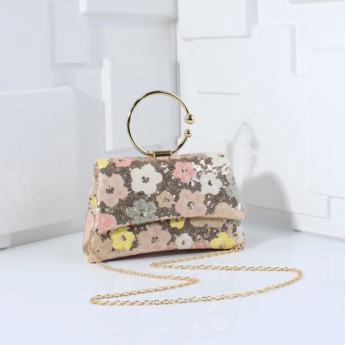 Metal Top Handle Clutch with Sequins & Flowers | Versatile Chain Shoulder Bag for Women Luxegan
