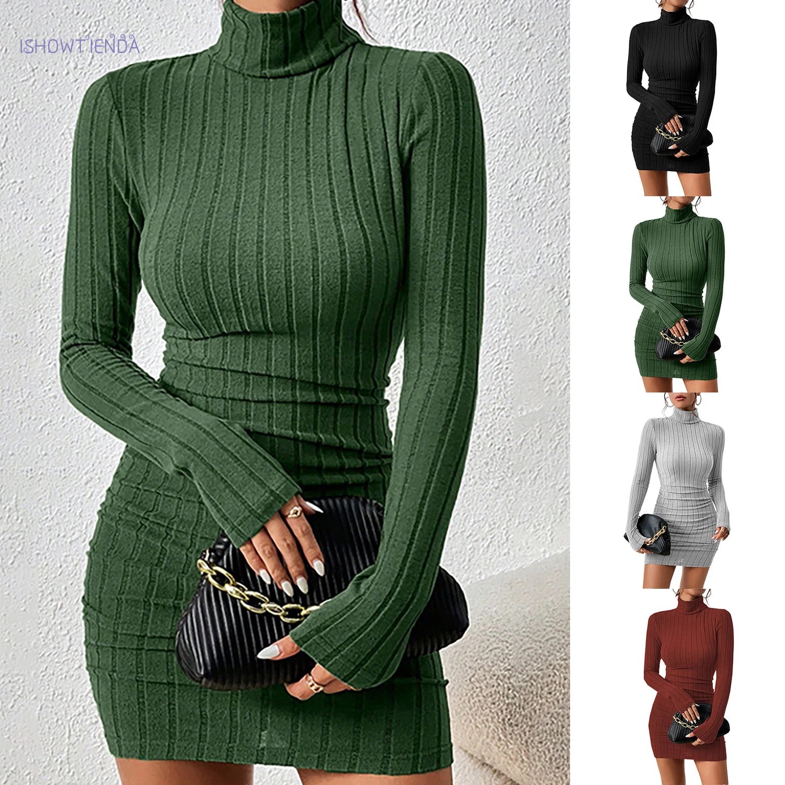 Ribbed Turtleneck Knit Mini Dress | Solid High-Stretch Long Sleeve Bodycon | Elegant Thermal Club Sheath Dress Luxegan